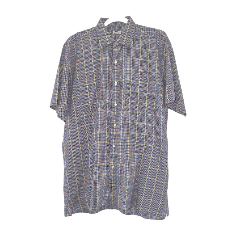 Maus & Hoffman Mens L Plaid Cotton Woven Button Point Collar Pockets Short Slv